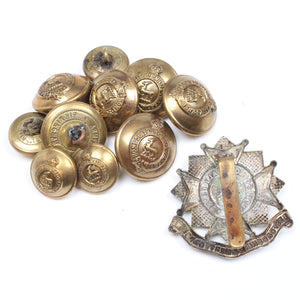 Tin Of Old Military Buttons + Bedfordshire & Hertfordshire Cap Badge