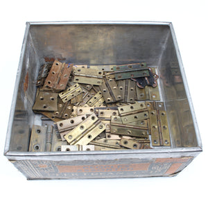 Large Old Tin Containing Many Old Brass Hinges