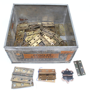 Large Old Tin Containing Many Old Brass Hinges