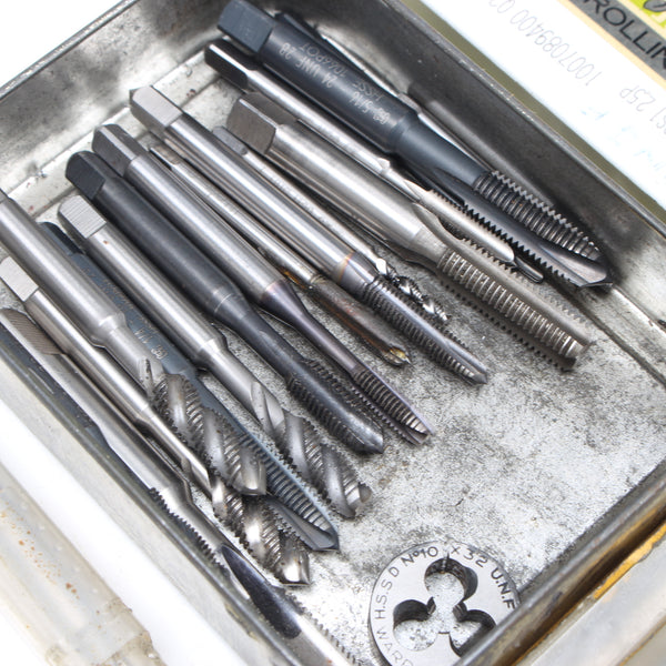 Tin Of Engineer Bits - 22x UNF Taps, 1x UNF Die – OldTools.co.uk