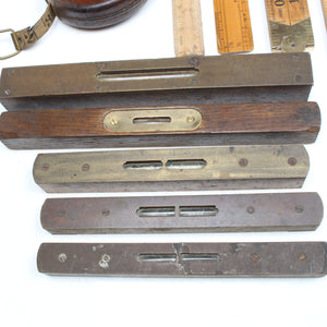 11x Old Measuring Tools, Rules, Levels (Beech, Boxwood) (Display) - OldTools.co.uk