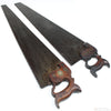 Two old hand saws with wooden handles on a white background