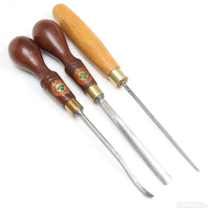3x Old Marples and Henry Taylor Carving Tools - Gouge, Spoon (Beech, Mahogany) - OldTools.co.uk