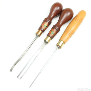 3x Old Marples and Henry Taylor Carving Tools - Gouge, Spoon (Beech, Mahogany) - OldTools.co.uk