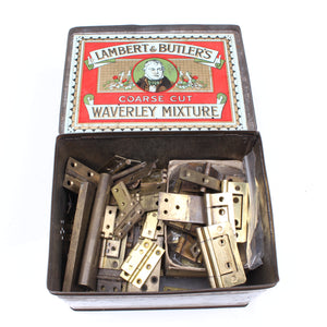 Old Tin Containing Many Old Brass Hinges