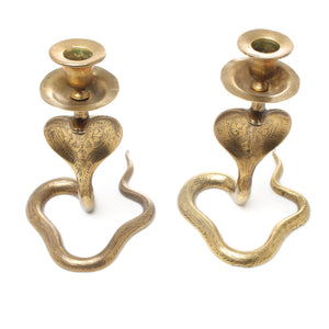 2x Old Brass Cobra Candle-Stick Holders